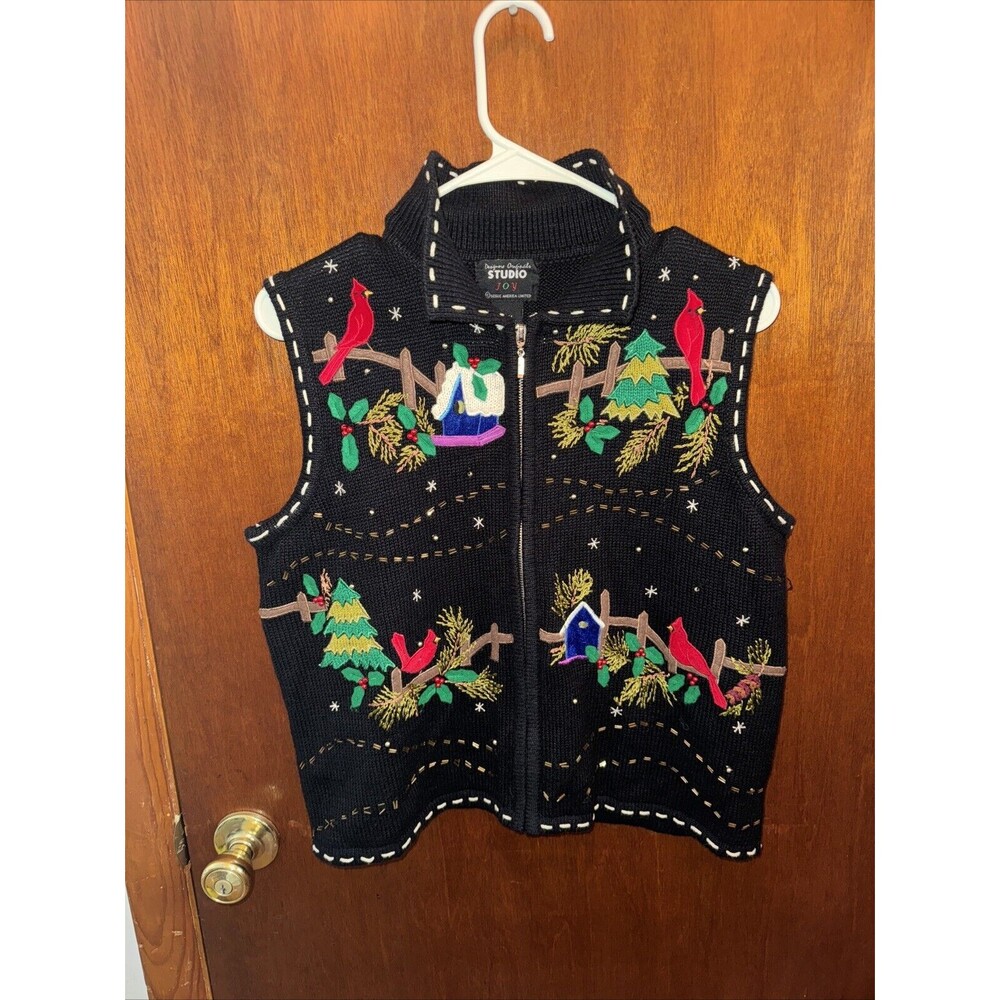Studio Joy Womens Black Christmas Sweater Vest With Zipper Size Petite Medium PM